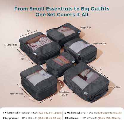 6-Pack Large Compression Packing Cubes for Travel - Lightweight Compression Packing Cube Set, Water-Resistant Luggage Organizer Bags & Suitcase Organizers, Travel Cubes for Carry-On, Checked Luggage