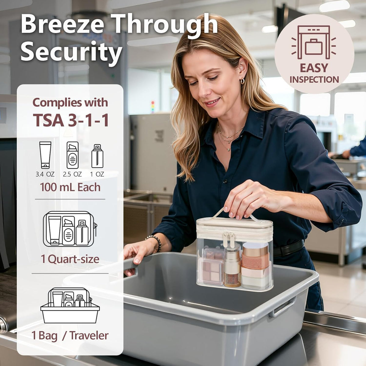 TSA Approved Toiletry Bag 2 Pack - Quart Size Clear Makeup Bag with Handle & Dual Metal Zippers, Large Opening 3-1-1 Airline Compliant Security Travel Organizer for Carry On Liquids, Pink