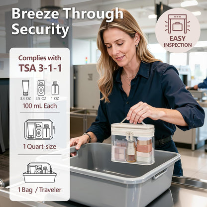 TSA Approved Toiletry Bag 2 Pack - Quart Size Clear Makeup Bag with Handle & Dual Metal Zippers, Large Opening 3-1-1 Airline Compliant Security Travel Organizer for Carry On Liquids, Pink