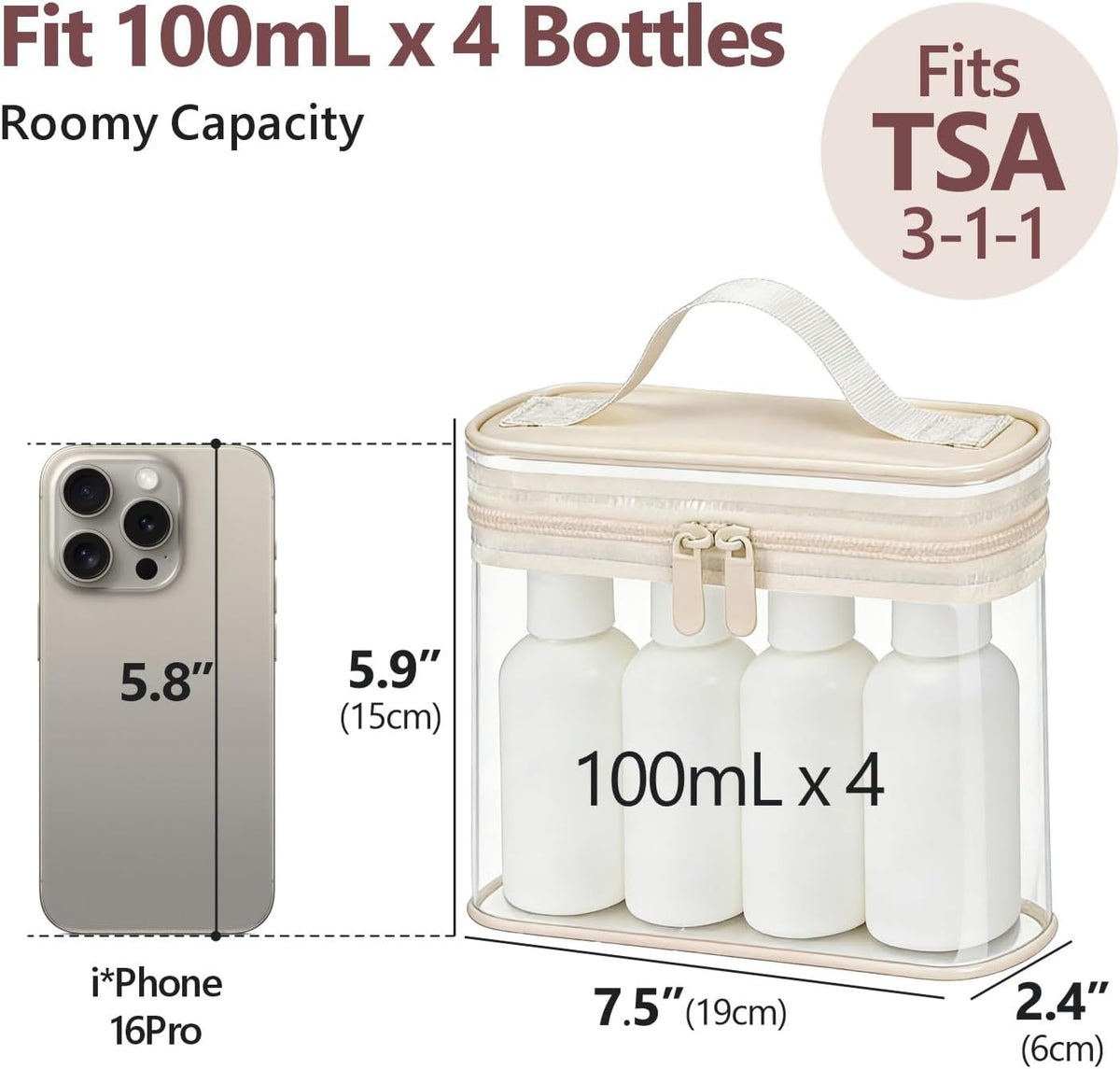 TSA Approved Toiletry Bag 2 Pack - Quart Size Clear Makeup Bag with Handle & Dual Metal Zippers, Large Opening 3-1-1 Airline Compliant Security Travel Organizer for Carry On Liquids, Pink