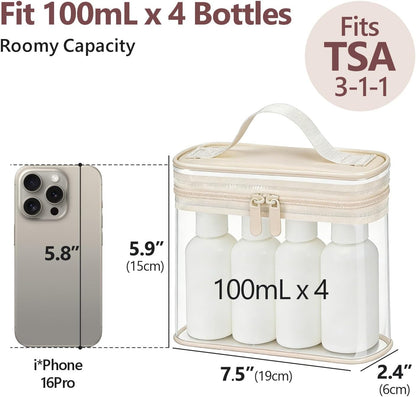 TSA Approved Toiletry Bag 2 Pack - Quart Size Clear Makeup Bag with Handle & Dual Metal Zippers, Large Opening 3-1-1 Airline Compliant Security Travel Organizer for Carry On Liquids, Pink