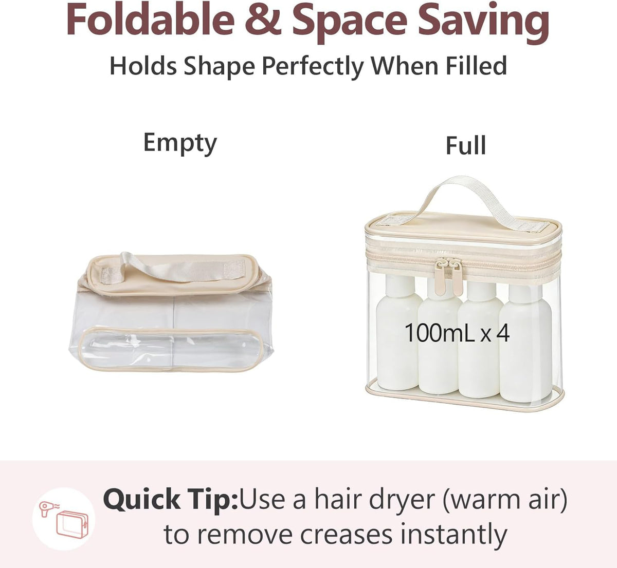 TSA Approved Toiletry Bag 2 Pack - Quart Size Clear Makeup Bag with Handle & Dual Metal Zippers, Large Opening 3-1-1 Airline Compliant Security Travel Organizer for Carry On Liquids, Pink