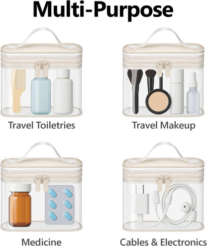 TSA Approved Toiletry Bag 2 Pack - Quart Size Clear Makeup Bag with Handle & Dual Metal Zippers, Large Opening 3-1-1 Airline Compliant Security Travel Organizer for Carry On Liquids, Pink