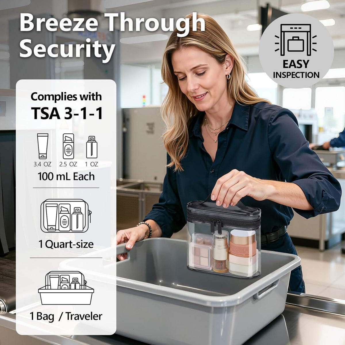 TSA Approved Toiletry Bag 2 Pack - Quart Size Clear Makeup Bag with Handle & Dual Metal Zippers, Large Opening 3-1-1 Airline Compliant Security Travel Organizer for Carry On Liquids, Pink