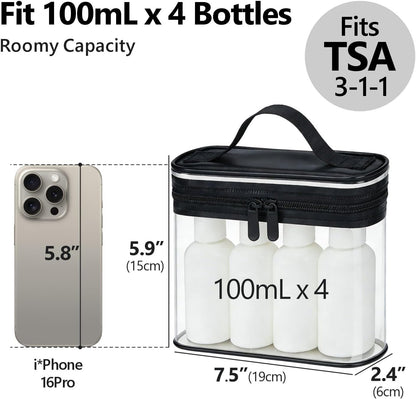 TSA Approved Toiletry Bag 2 Pack - Quart Size Clear Makeup Bag with Handle & Dual Metal Zippers, Large Opening 3-1-1 Airline Compliant Security Travel Organizer for Carry On Liquids, Pink