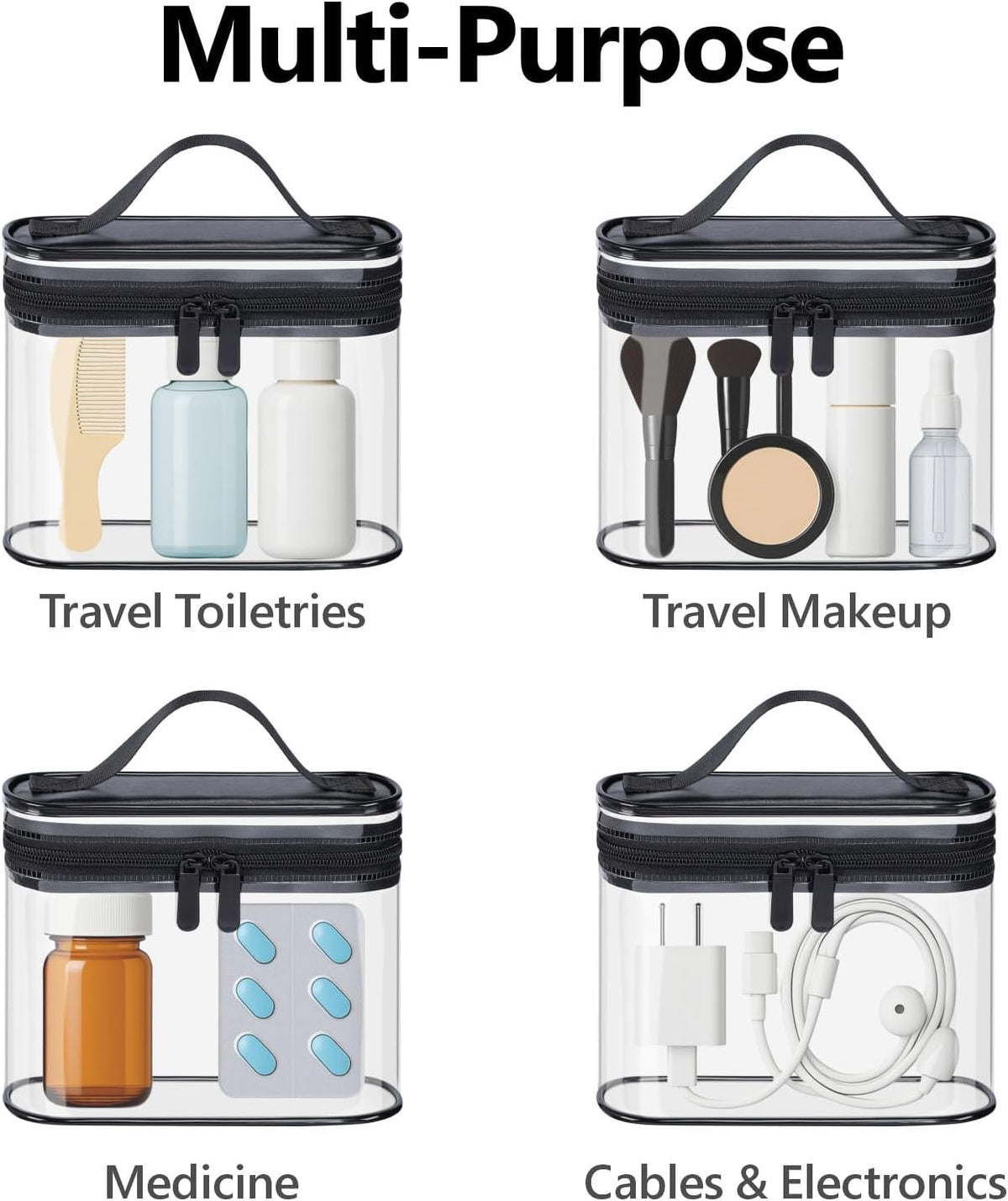 TSA Approved Toiletry Bag 2 Pack - Quart Size Clear Makeup Bag with Handle & Dual Metal Zippers, Large Opening 3-1-1 Airline Compliant Security Travel Organizer for Carry On Liquids, Pink