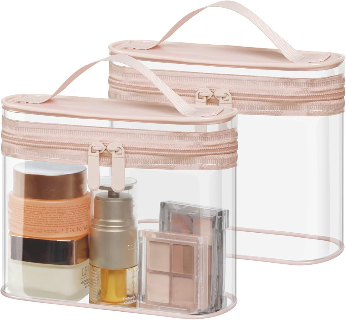 TSA Approved Toiletry Bag 2 Pack - Quart Size Clear Makeup Bag with Handle & Dual Metal Zippers, Large Opening 3-1-1 Airline Compliant Security Travel Organizer for Carry On Liquids, Pink