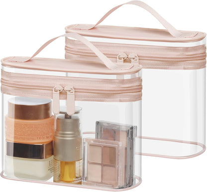 TSA Approved Toiletry Bag 2 Pack - Quart Size Clear Makeup Bag with Handle & Dual Metal Zippers, Large Opening 3-1-1 Airline Compliant Security Travel Organizer for Carry On Liquids, Pink
