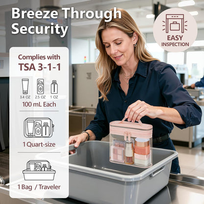 TSA Approved Toiletry Bag 2 Pack - Quart Size Clear Makeup Bag with Handle & Dual Metal Zippers, Large Opening 3-1-1 Airline Compliant Security Travel Organizer for Carry On Liquids, Pink