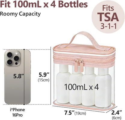 TSA Approved Toiletry Bag 2 Pack - Quart Size Clear Makeup Bag with Handle & Dual Metal Zippers, Large Opening 3-1-1 Airline Compliant Security Travel Organizer for Carry On Liquids, Pink
