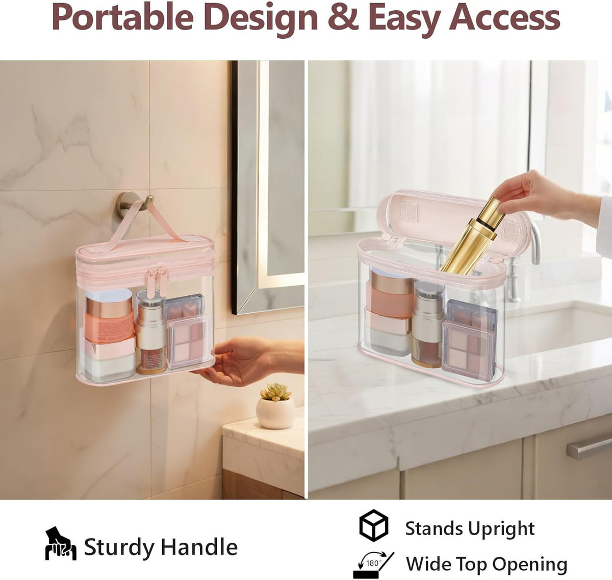 TSA Approved Toiletry Bag 2 Pack - Quart Size Clear Makeup Bag with Handle & Dual Metal Zippers, Large Opening 3-1-1 Airline Compliant Security Travel Organizer for Carry On Liquids, Pink