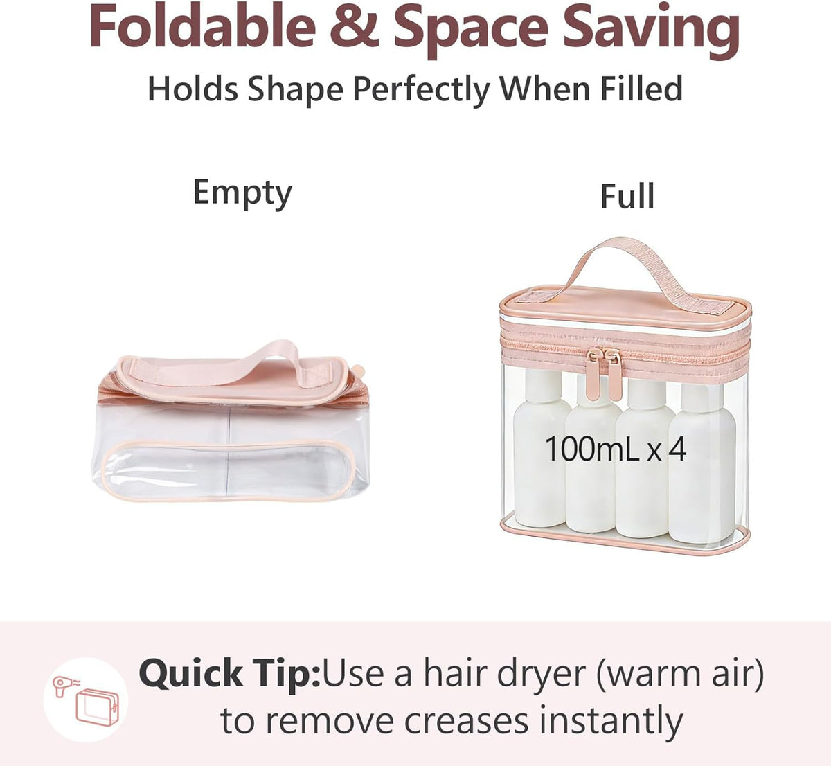 TSA Approved Toiletry Bag 2 Pack - Quart Size Clear Makeup Bag with Handle & Dual Metal Zippers, Large Opening 3-1-1 Airline Compliant Security Travel Organizer for Carry On Liquids, Pink