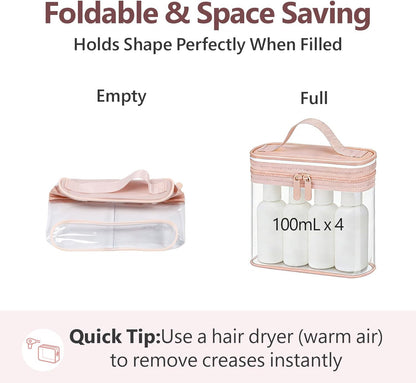TSA Approved Toiletry Bag 2 Pack - Quart Size Clear Makeup Bag with Handle & Dual Metal Zippers, Large Opening 3-1-1 Airline Compliant Security Travel Organizer for Carry On Liquids, Pink