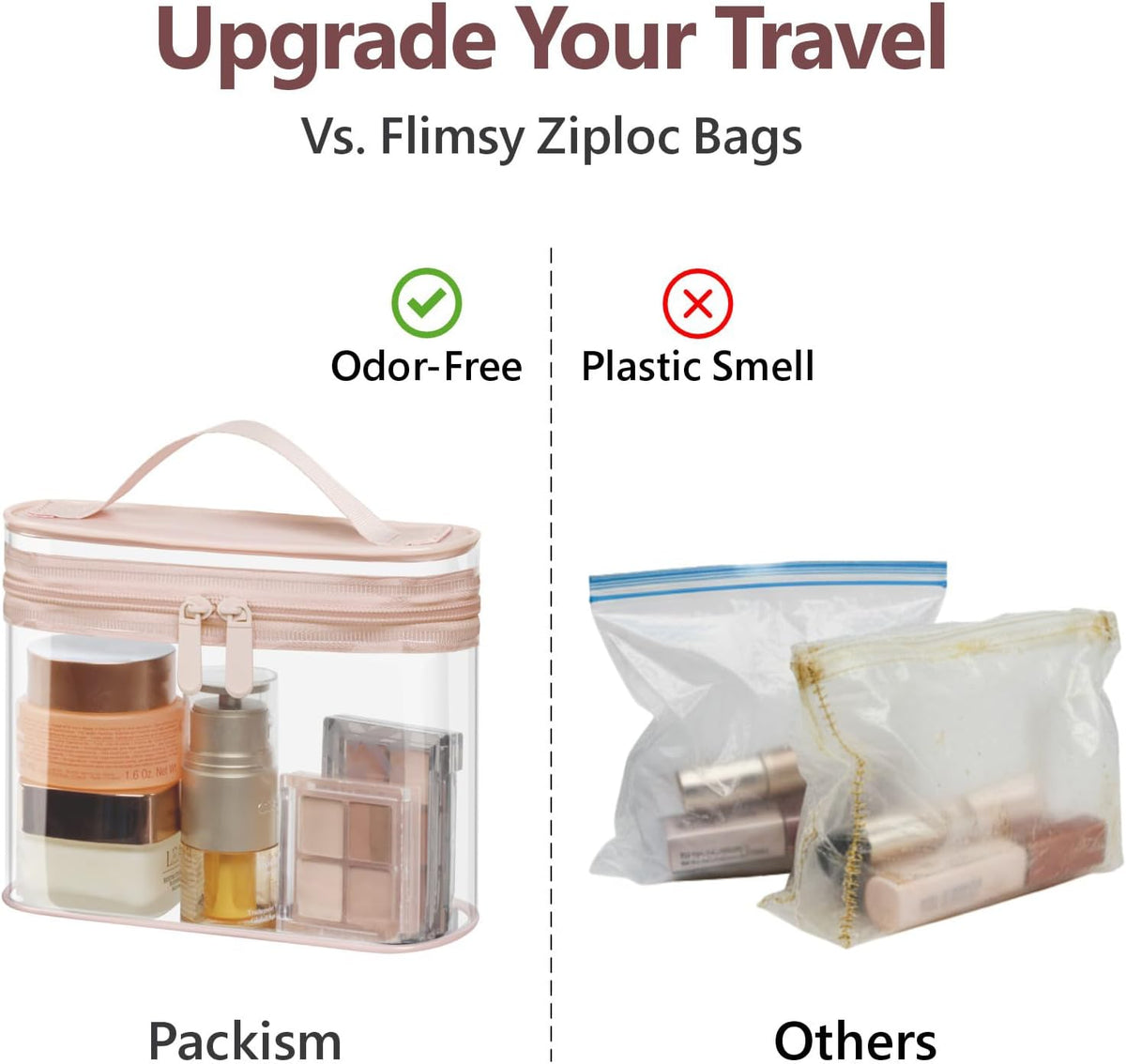 TSA Approved Toiletry Bag 2 Pack - Quart Size Clear Makeup Bag with Handle & Dual Metal Zippers, Large Opening 3-1-1 Airline Compliant Security Travel Organizer for Carry On Liquids, Pink