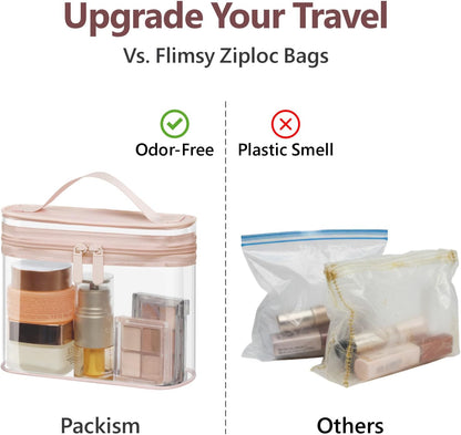 TSA Approved Toiletry Bag 2 Pack - Quart Size Clear Makeup Bag with Handle & Dual Metal Zippers, Large Opening 3-1-1 Airline Compliant Security Travel Organizer for Carry On Liquids, Pink