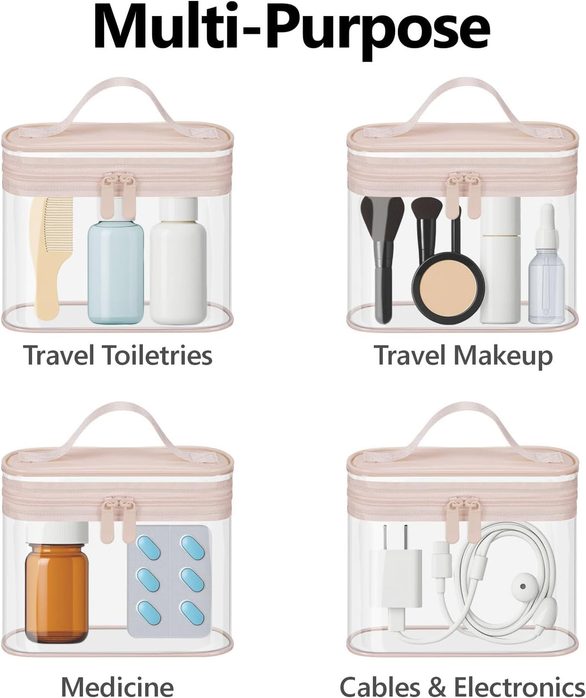 TSA Approved Toiletry Bag 2 Pack - Quart Size Clear Makeup Bag with Handle & Dual Metal Zippers, Large Opening 3-1-1 Airline Compliant Security Travel Organizer for Carry On Liquids, Pink