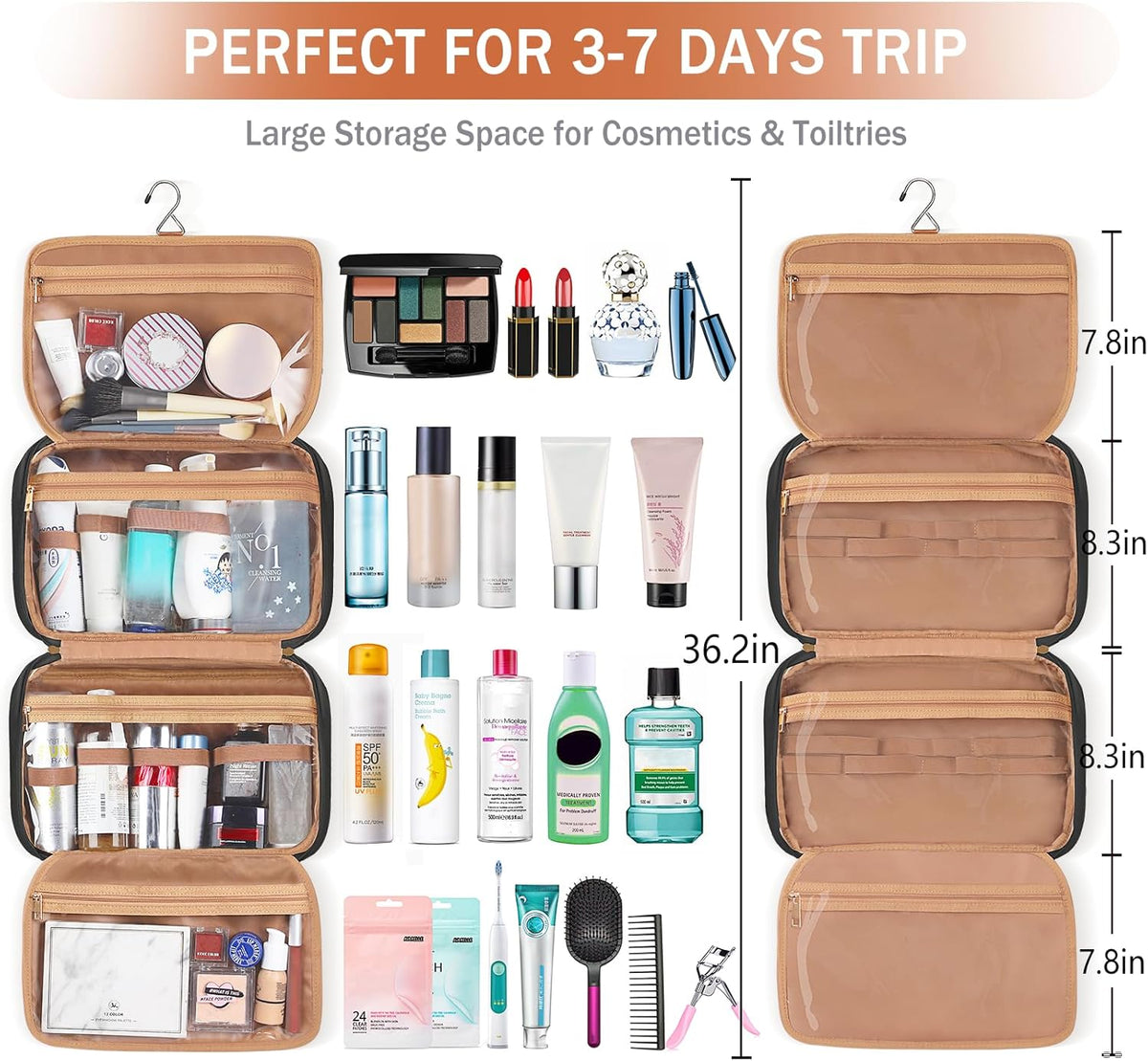 Travel Toiletry Bag for Women Hanging Travel Toiletry Organizer for Full-sized Toiletries Portable Water-resistant Travel Bag with Hanging Hook and 4 Compartments for Travel Essentials and Cosmetics