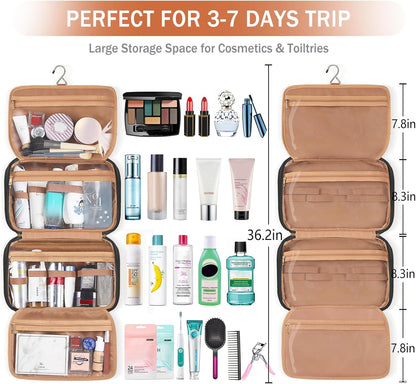 Travel Toiletry Bag for Women Hanging Travel Toiletry Organizer for Full-sized Toiletries Portable Water-resistant Travel Bag with Hanging Hook and 4 Compartments for Travel Essentials and Cosmetics