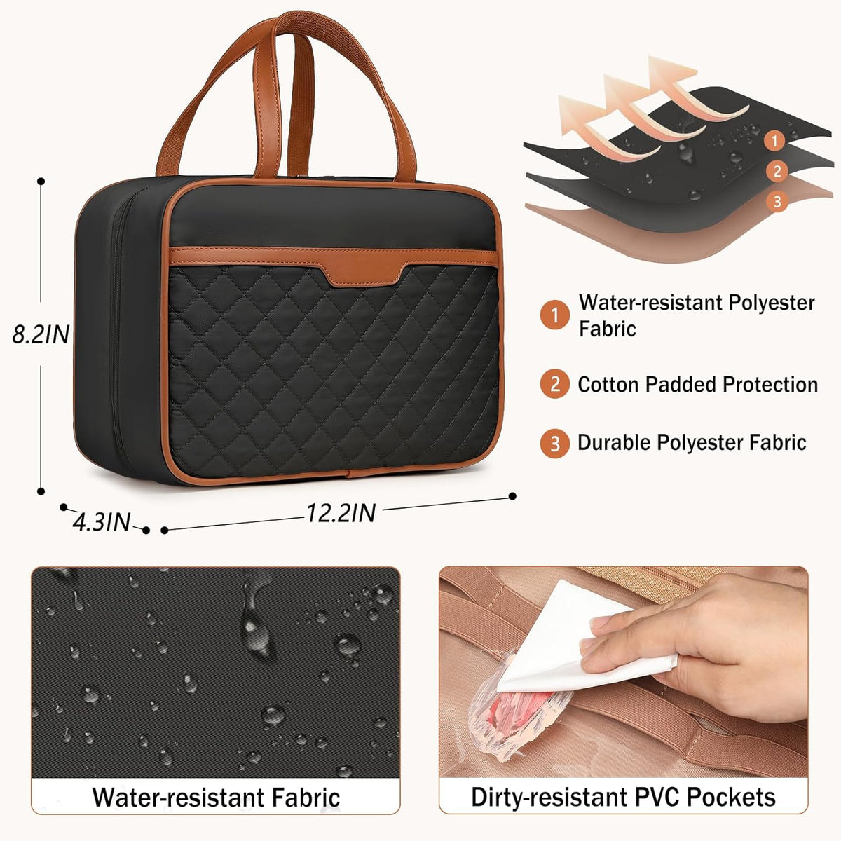 Travel Toiletry Bag for Women Hanging Travel Toiletry Organizer for Full-sized Toiletries Portable Water-resistant Travel Bag with Hanging Hook and 4 Compartments for Travel Essentials and Cosmetics