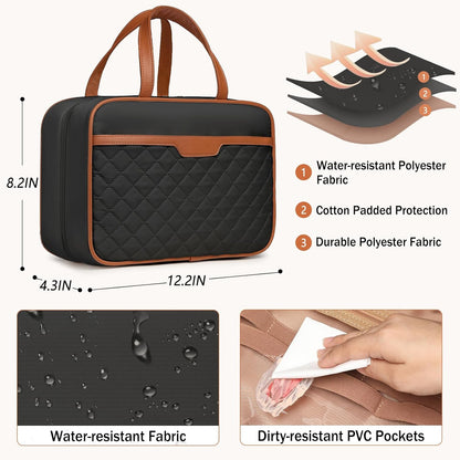 Travel Toiletry Bag for Women Hanging Travel Toiletry Organizer for Full-sized Toiletries Portable Water-resistant Travel Bag with Hanging Hook and 4 Compartments for Travel Essentials and Cosmetics