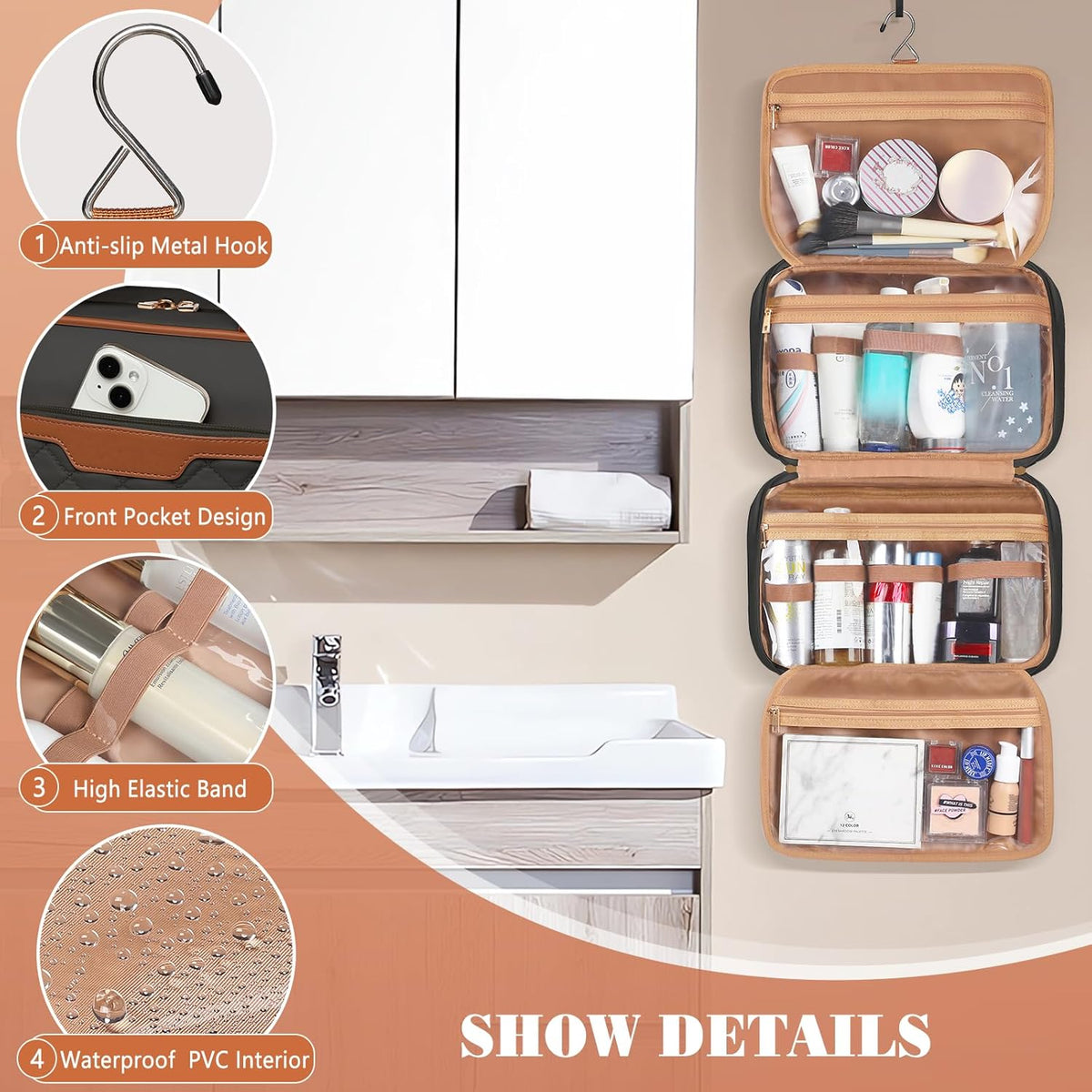 Travel Toiletry Bag for Women Hanging Travel Toiletry Organizer for Full-sized Toiletries Portable Water-resistant Travel Bag with Hanging Hook and 4 Compartments for Travel Essentials and Cosmetics