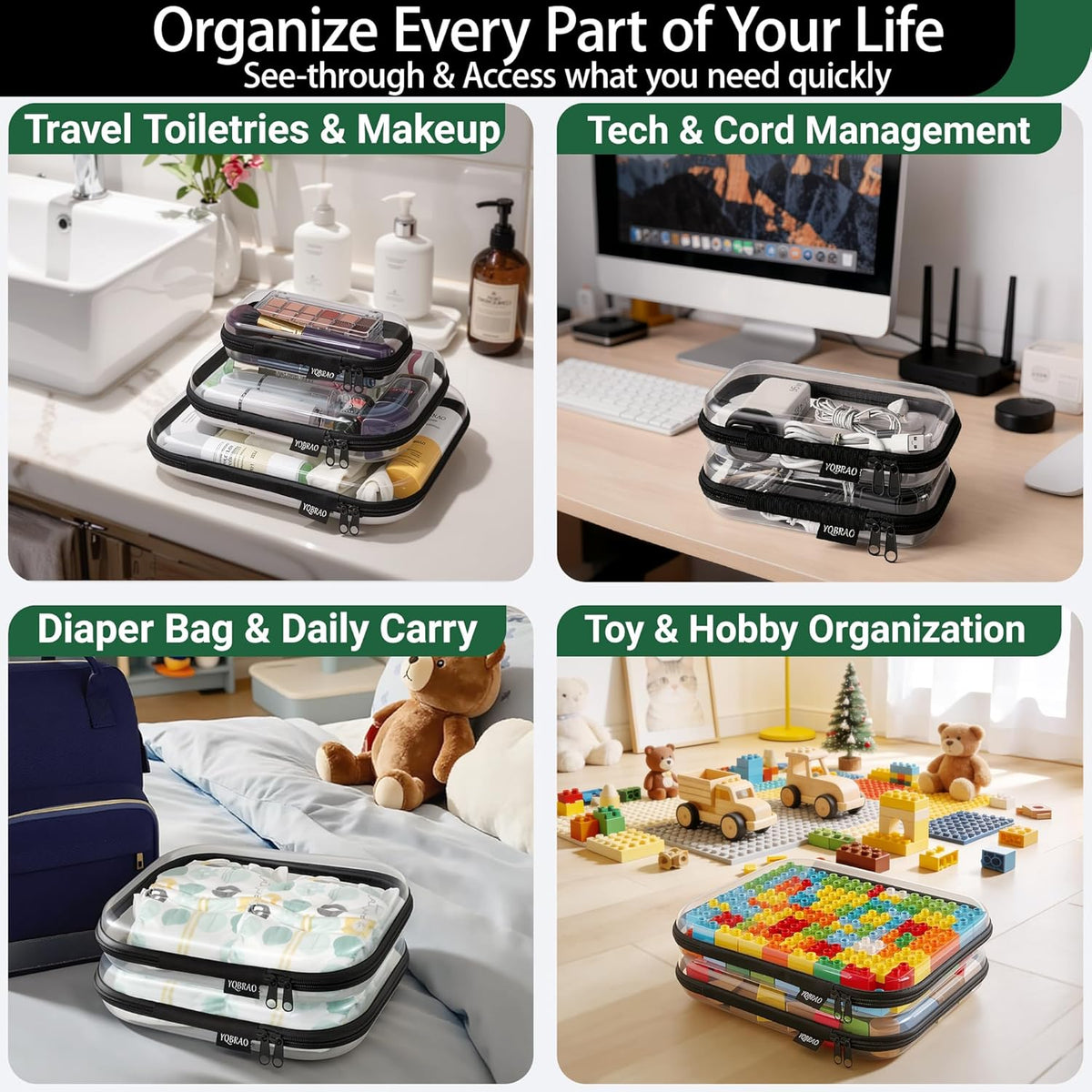 Clear Hard Shell Organizer Cases, 3-Pack, White | Rigid 1.2 mm clear PET organizers with multi-size design for travel, home storage, and everyday essentials.