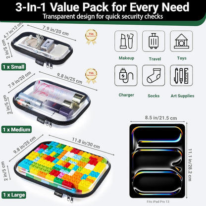 Clear Hard Shell Organizer Cases, 3-Pack, White | Rigid 1.2 mm clear PET organizers with multi-size design for travel, home storage, and everyday essentials.