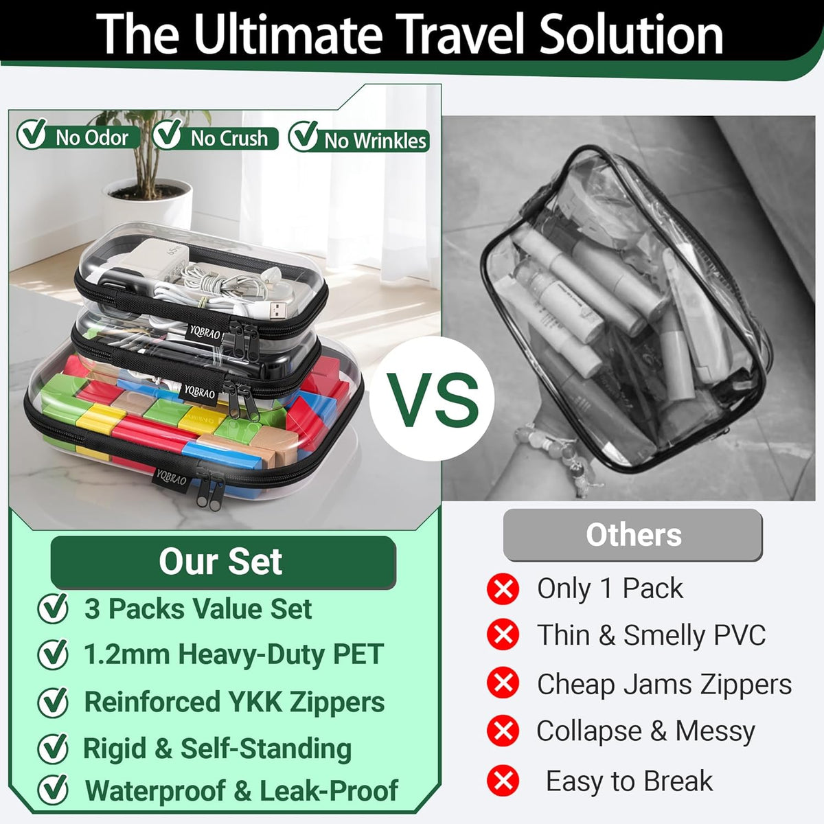 Clear Hard Shell Organizer Cases, 3-Pack, White | Rigid 1.2 mm clear PET organizers with multi-size design for travel, home storage, and everyday essentials.