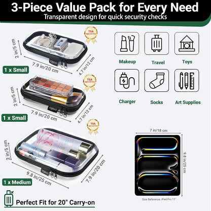 Clear Hard Shell Organizer Cases, 3-Pack, White | Rigid 1.2 mm clear PET organizers with multi-size design for travel, home storage, and everyday essentials.