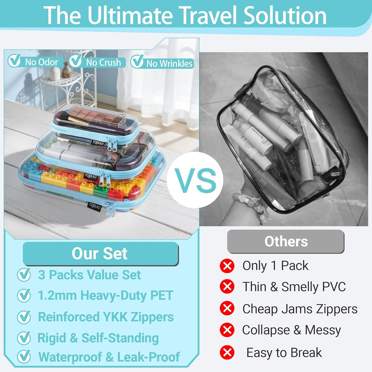 Clear Hard Shell Organizer Cases, 3-Pack, White | Rigid 1.2 mm clear PET organizers with multi-size design for travel, home storage, and everyday essentials.