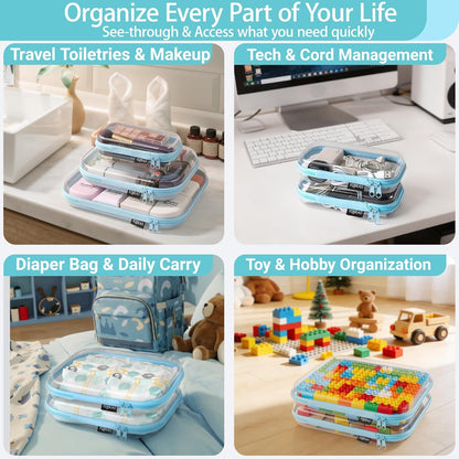 Clear Hard Shell Organizer Cases, 3-Pack, White | Rigid 1.2 mm clear PET organizers with multi-size design for travel, home storage, and everyday essentials.