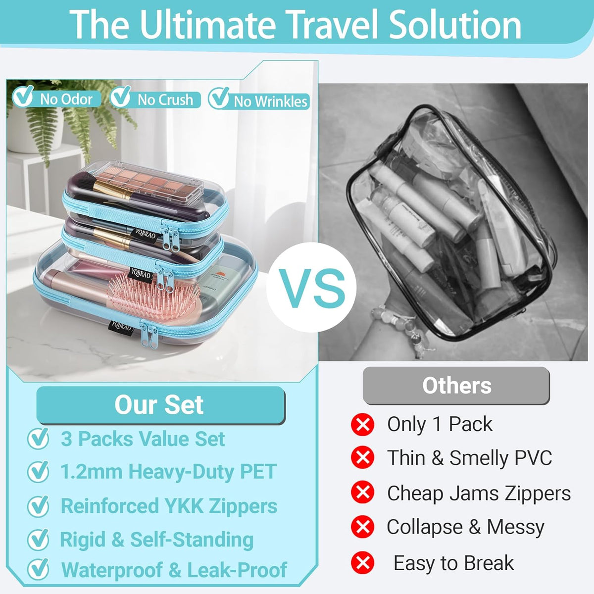 Clear Hard Shell Organizer Cases, 3-Pack, White | Rigid 1.2 mm clear PET organizers with multi-size design for travel, home storage, and everyday essentials.