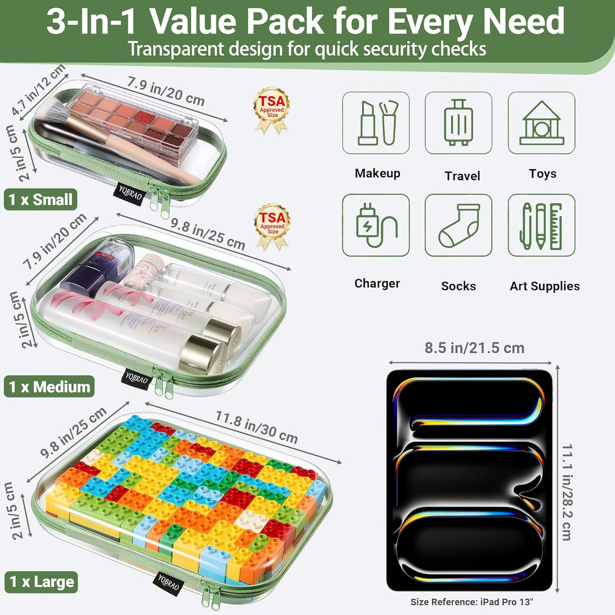 Clear Hard Shell Organizer Cases, 3-Pack, White | Rigid 1.2 mm clear PET organizers with multi-size design for travel, home storage, and everyday essentials.