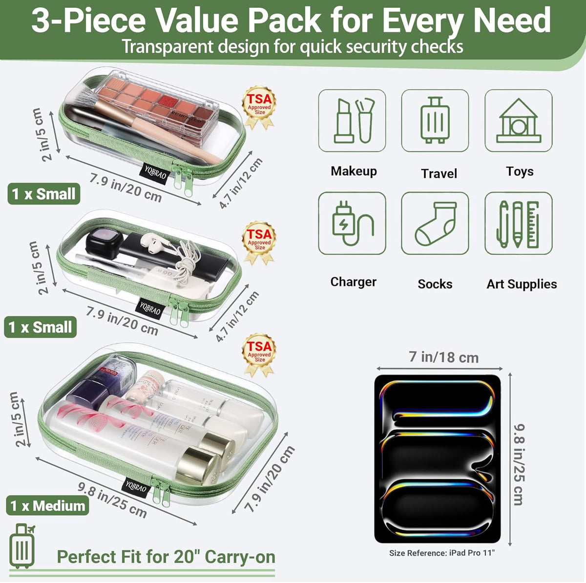 Clear Hard Shell Organizer Cases, 3-Pack, White | Rigid 1.2 mm clear PET organizers with multi-size design for travel, home storage, and everyday essentials.