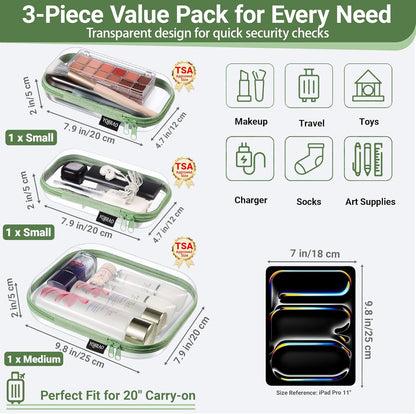 Clear Hard Shell Organizer Cases, 3-Pack, White | Rigid 1.2 mm clear PET organizers with multi-size design for travel, home storage, and everyday essentials.