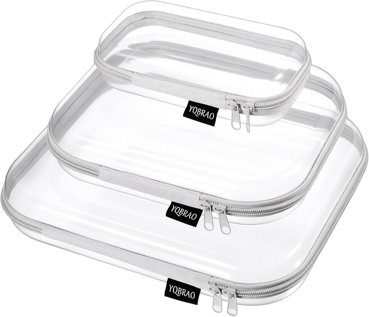 Clear Hard Shell Organizer Cases, 3-Pack, White | Rigid 1.2 mm clear PET organizers with multi-size design for travel, home storage, and everyday essentials.