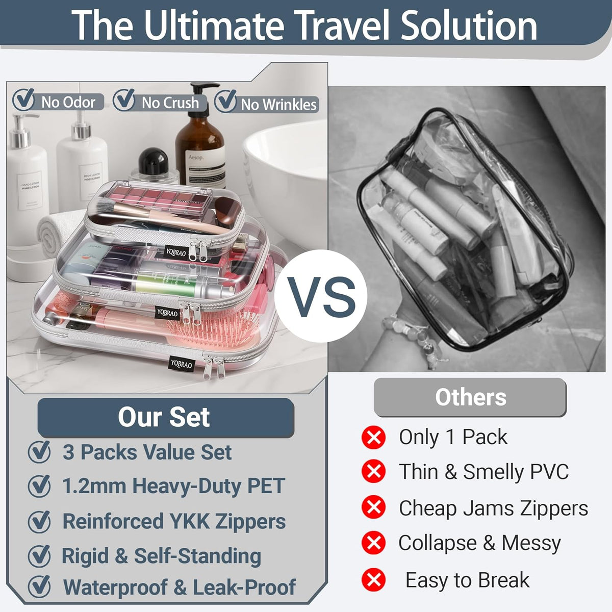 Clear Hard Shell Organizer Cases, 3-Pack, White | Rigid 1.2 mm clear PET organizers with multi-size design for travel, home storage, and everyday essentials.