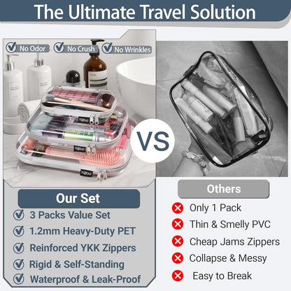 Clear Hard Shell Organizer Cases, 3-Pack, White | Rigid 1.2 mm clear PET organizers with multi-size design for travel, home storage, and everyday essentials.