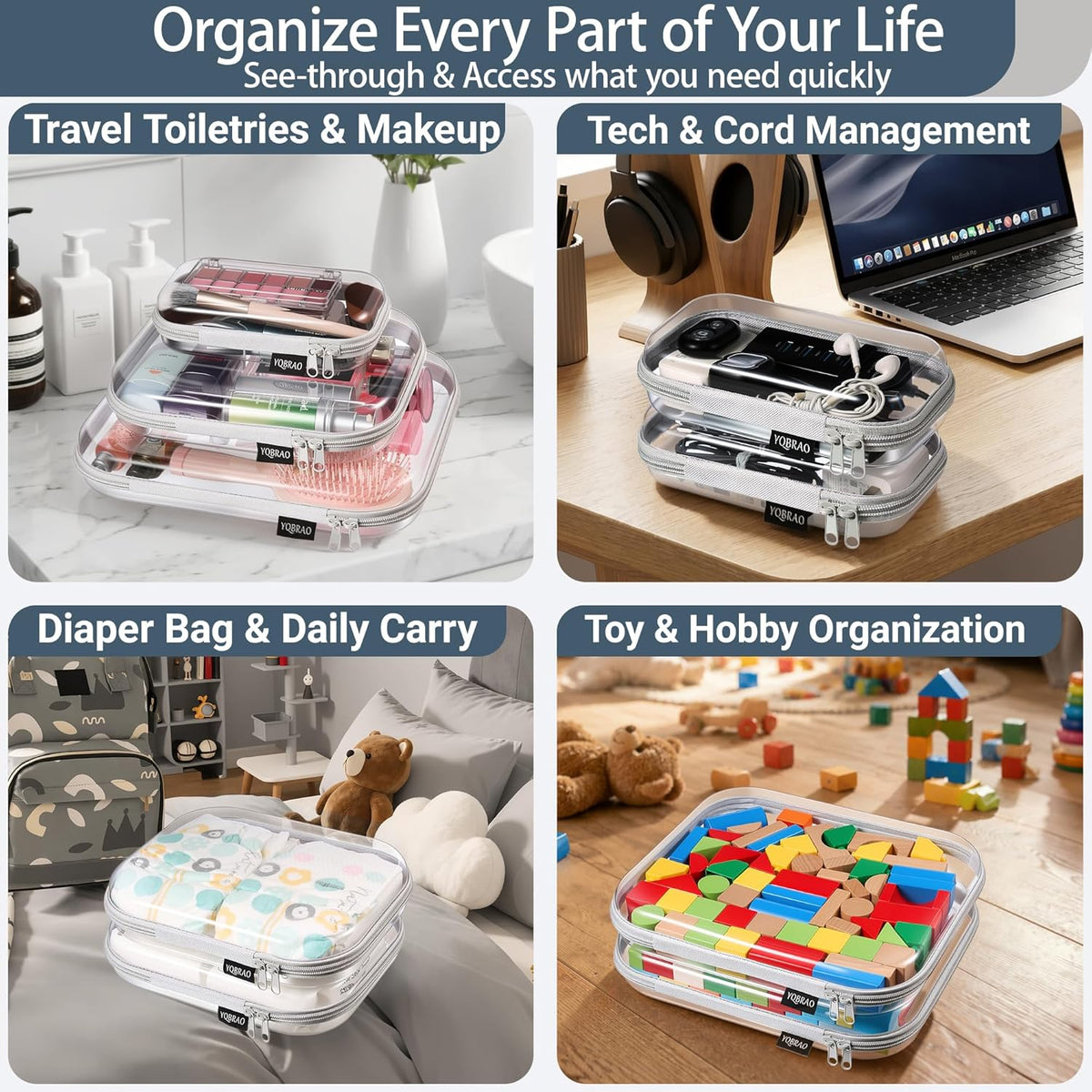 Clear Hard Shell Organizer Cases, 3-Pack, White | Rigid 1.2 mm clear PET organizers with multi-size design for travel, home storage, and everyday essentials.