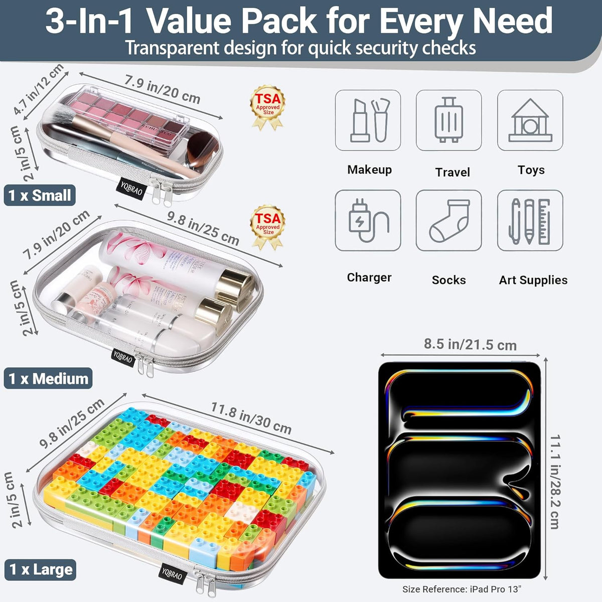 Clear Hard Shell Organizer Cases, 3-Pack, White | Rigid 1.2 mm clear PET organizers with multi-size design for travel, home storage, and everyday essentials.