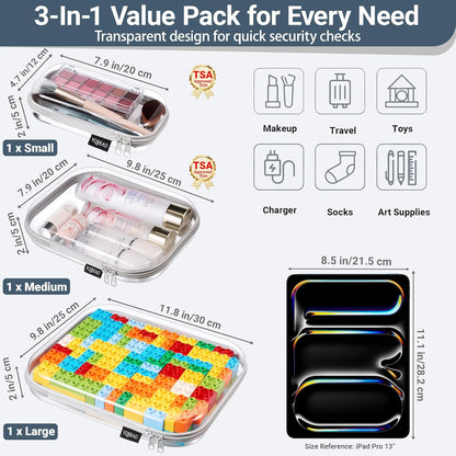 Clear Hard Shell Organizer Cases, 3-Pack, White | Rigid 1.2 mm clear PET organizers with multi-size design for travel, home storage, and everyday essentials.