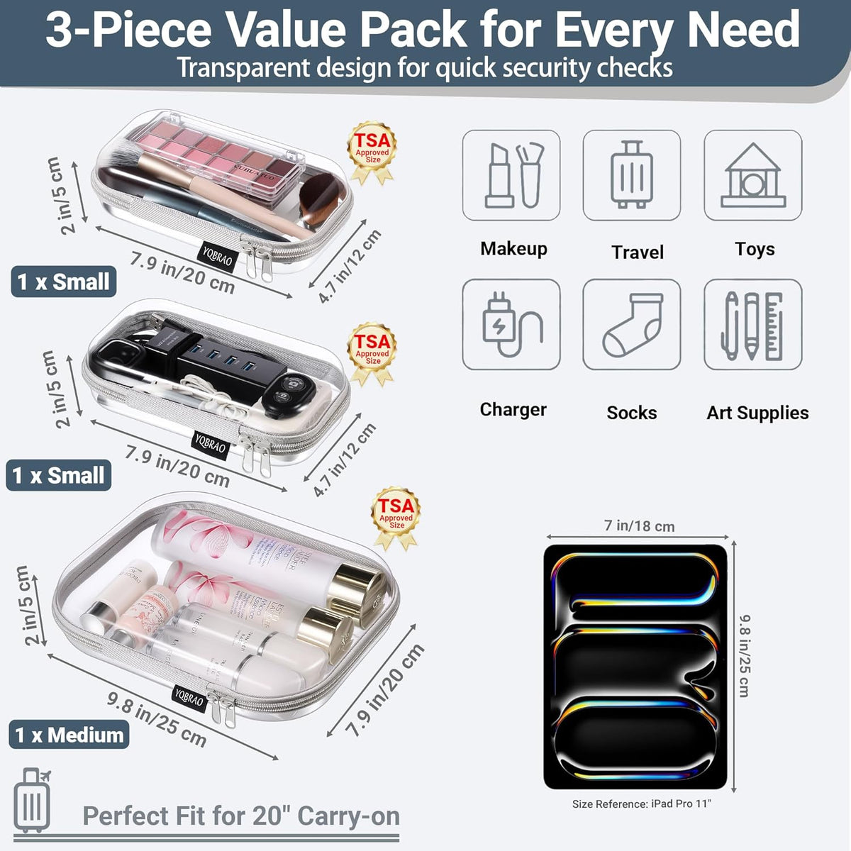 Clear Hard Shell Organizer Cases, 3-Pack, White | Rigid 1.2 mm clear PET organizers with multi-size design for travel, home storage, and everyday essentials.