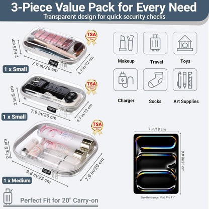 Clear Hard Shell Organizer Cases, 3-Pack, White | Rigid 1.2 mm clear PET organizers with multi-size design for travel, home storage, and everyday essentials.
