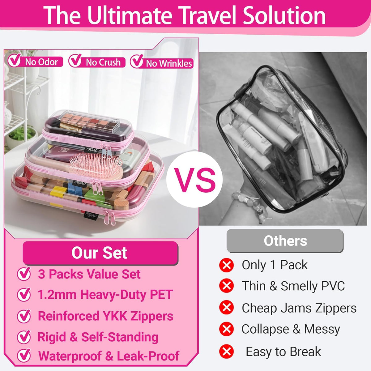 Clear Hard Shell Organizer Cases, 3-Pack, White | Rigid 1.2 mm clear PET organizers with multi-size design for travel, home storage, and everyday essentials.