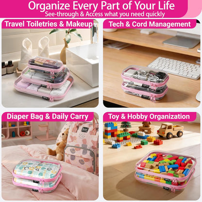 Clear Hard Shell Organizer Cases, 3-Pack, White | Rigid 1.2 mm clear PET organizers with multi-size design for travel, home storage, and everyday essentials.