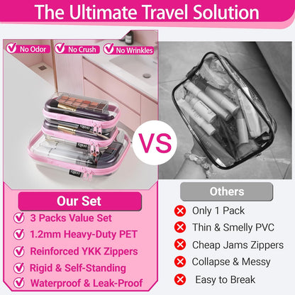 Clear Hard Shell Organizer Cases, 3-Pack, White | Rigid 1.2 mm clear PET organizers with multi-size design for travel, home storage, and everyday essentials.
