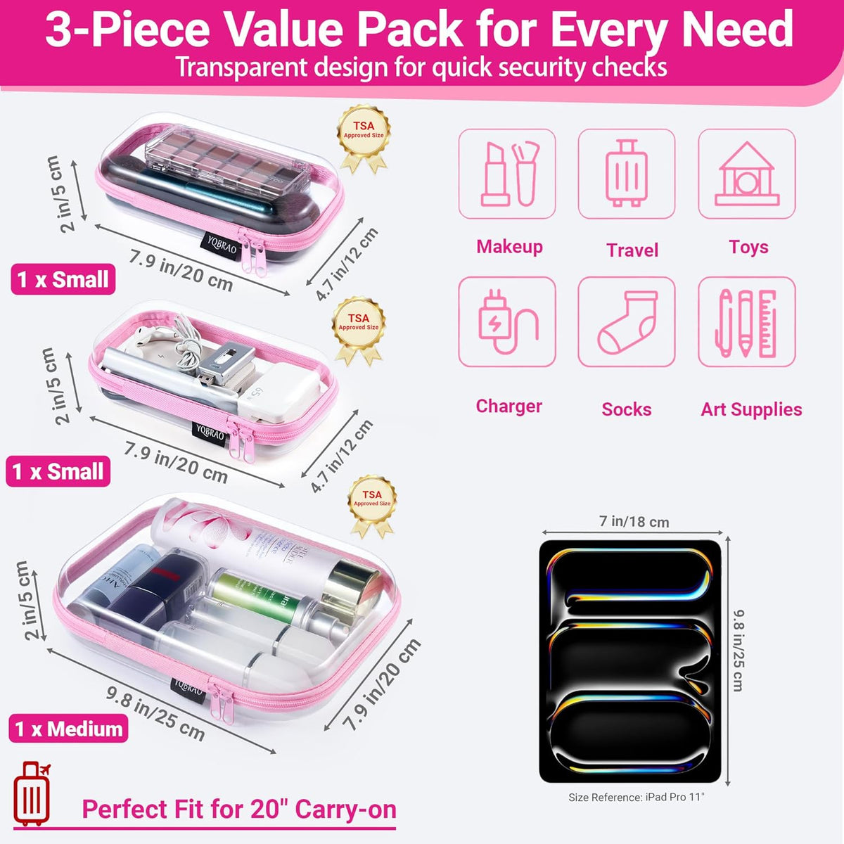 Clear Hard Shell Organizer Cases, 3-Pack, White | Rigid 1.2 mm clear PET organizers with multi-size design for travel, home storage, and everyday essentials.