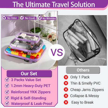 Clear Hard Shell Organizer Cases, 3-Pack, White | Rigid 1.2 mm clear PET organizers with multi-size design for travel, home storage, and everyday essentials.