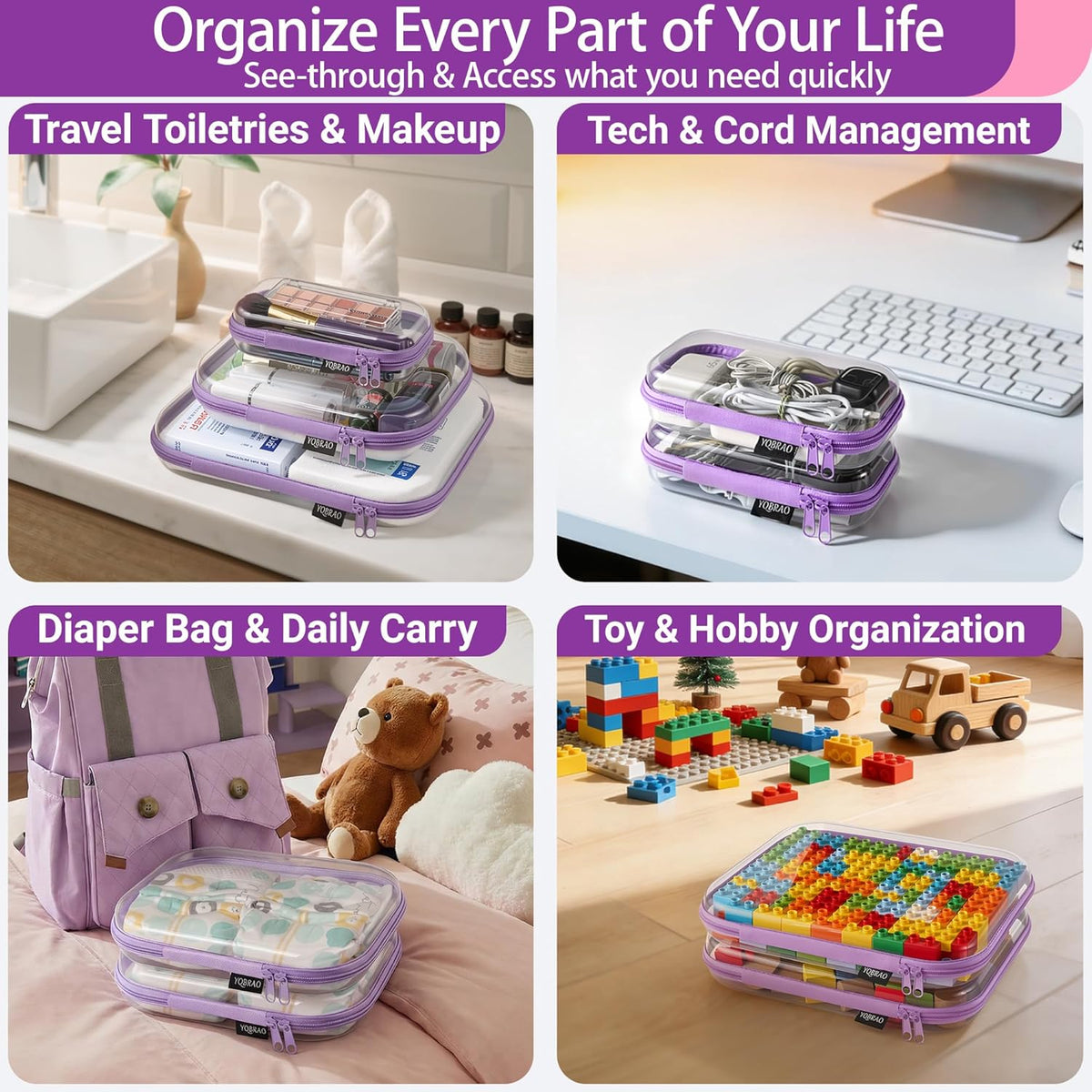 Clear Hard Shell Organizer Cases, 3-Pack, White | Rigid 1.2 mm clear PET organizers with multi-size design for travel, home storage, and everyday essentials.