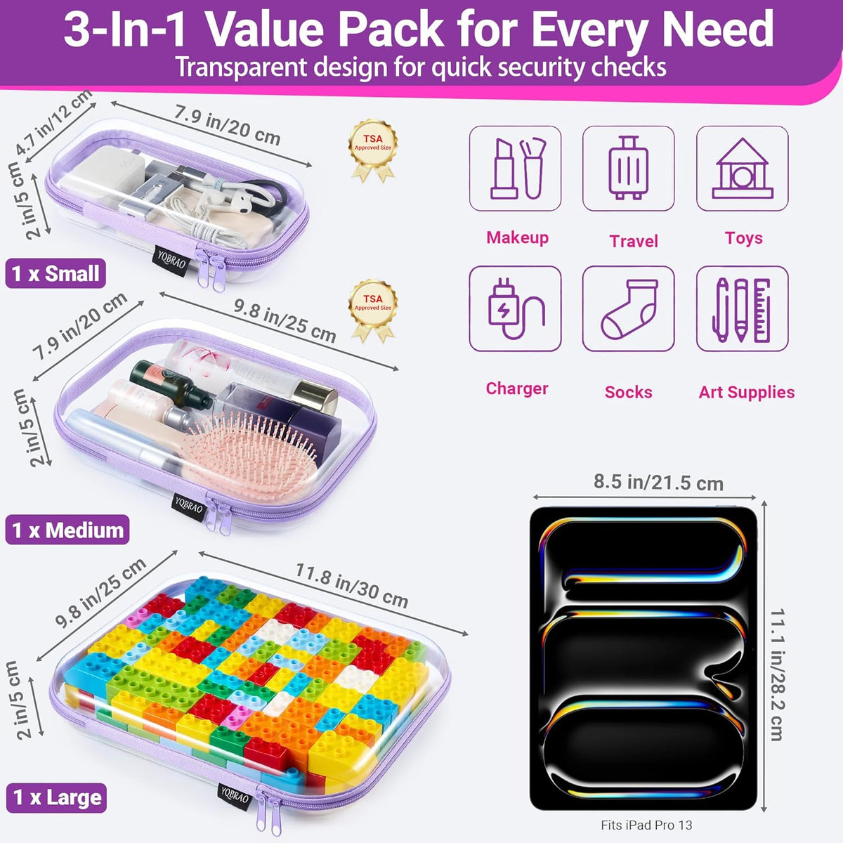 Clear Hard Shell Organizer Cases, 3-Pack, White | Rigid 1.2 mm clear PET organizers with multi-size design for travel, home storage, and everyday essentials.